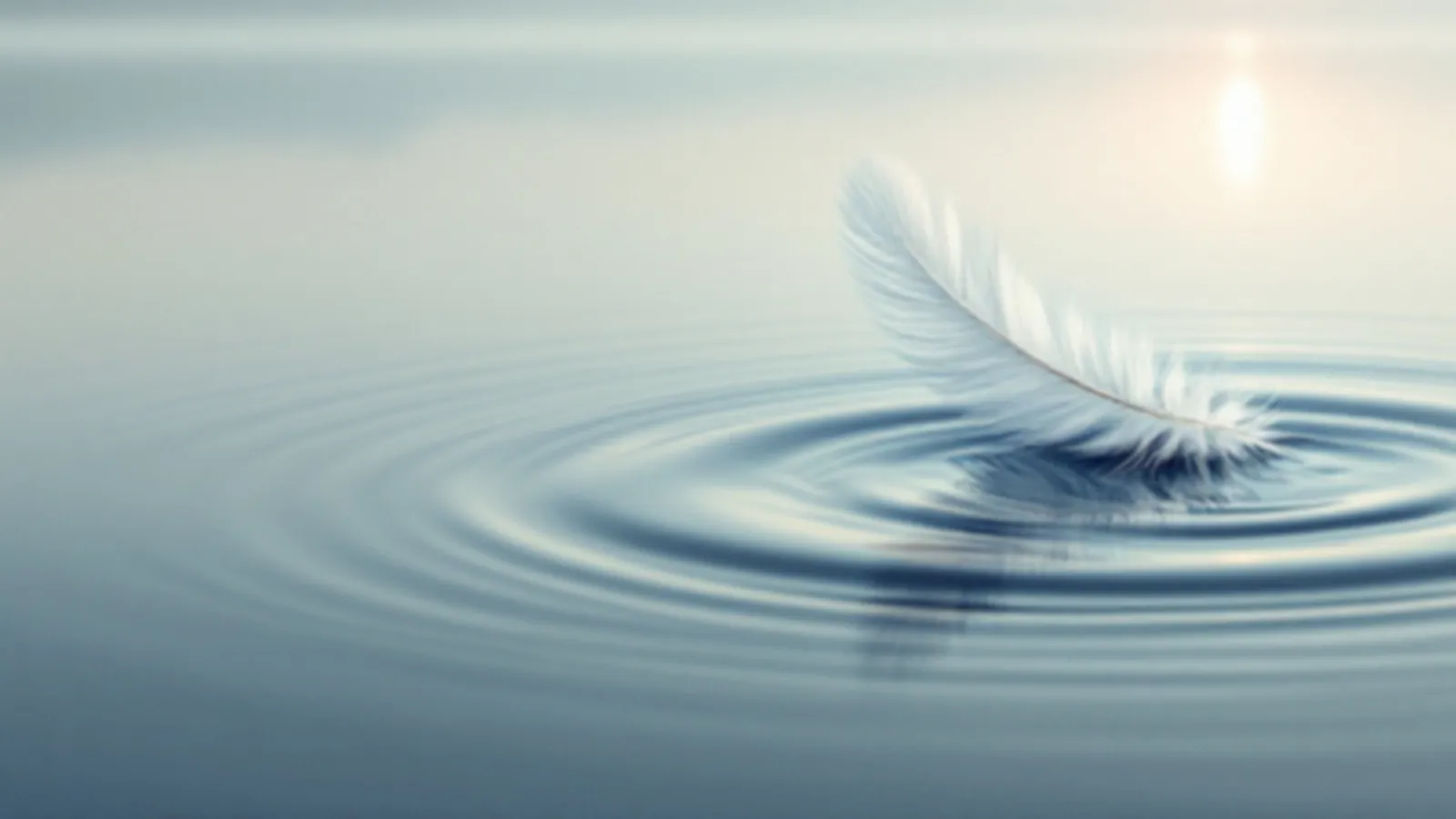 A single feather resting on still water at first light, the FundsQuill watermark shown in full colour